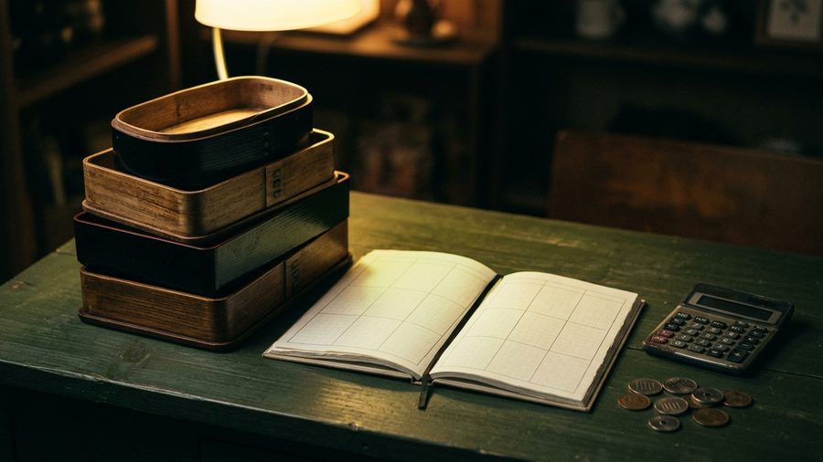 Tumpukan kotak bekal, buku catatan menu mingguan, dan uang receh di atas meja kayu gelap