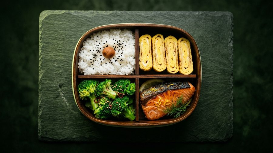 Kotak bento terbuka dengan sekat rapi berisi nasi putih, tamagoyaki, brokoli, dan salmon dari atas