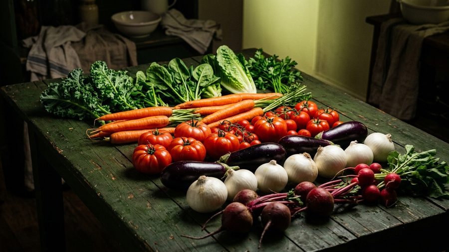 Deretan sayur dan buah segar dikelompokkan berdasarkan warna di atas meja gelap dengan cahaya lembut